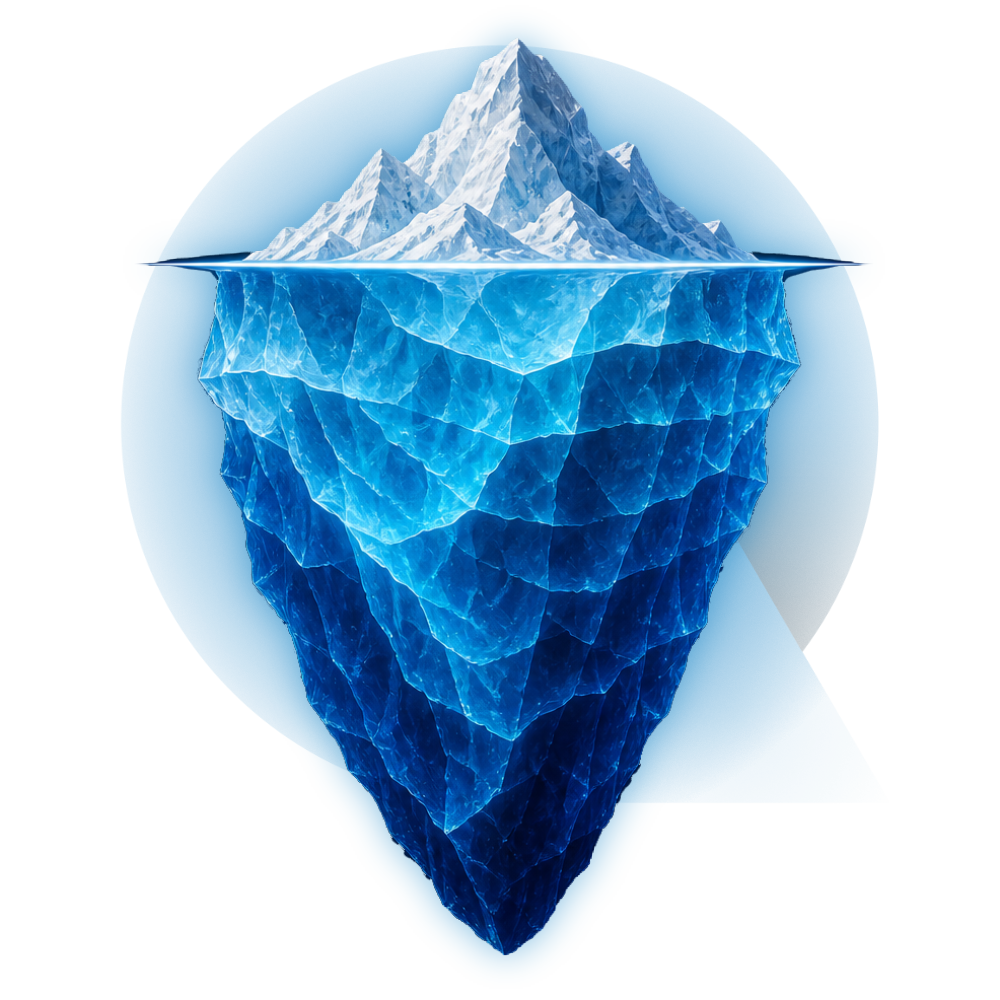 Iceberg illustration: a small visible tip above the waterline and a far larger mass below